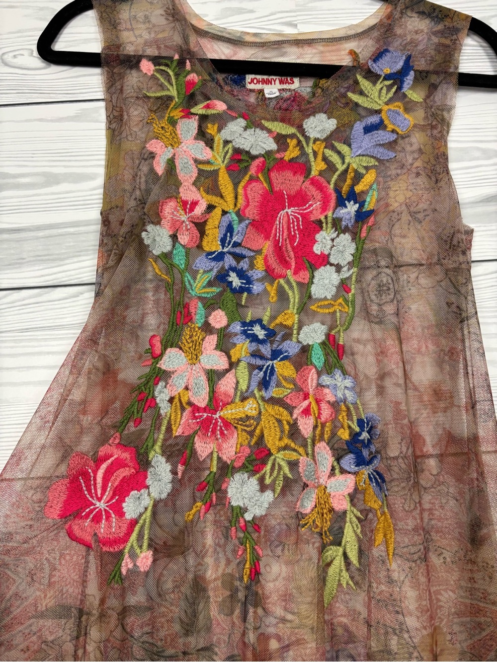 Johnny Was Sheer Floral Embroidered Dress in Pink, Blue, Green - Picture 10 of 10